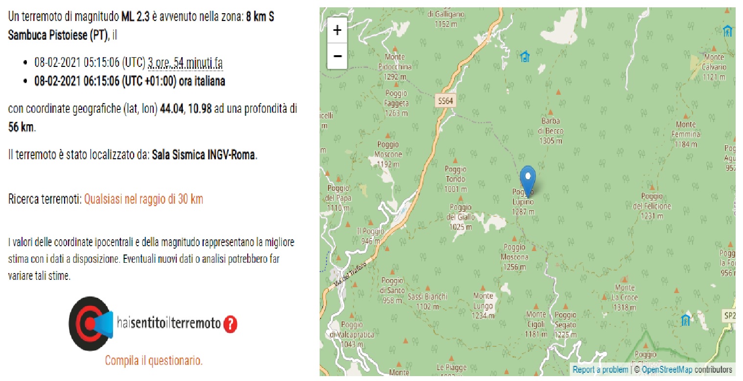 Scossa sulla montagna pistoiese